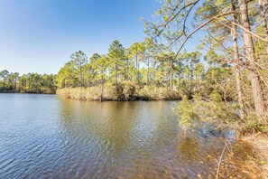 A calm lake surrounded by dense pine trees. - Fishing Dock: Waterfront Pensacola Retreat (Pensacola)
