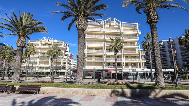Un hôtel à plusieurs étages doté de balcons, de palmiers et d’une promenade dallée.