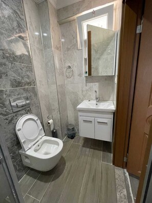 Un bagno moderno con servizi igienici, lavandino e specchio.
