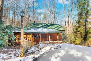 Una baita con tetto verde, un portico in legno e un vialetto in pietra che conduce all'ingresso.