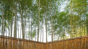 A hot tub surrounded by a bamboo fence, with a wooden deck and a wicker stool nearby. - Hegu Villa Hotel (Changzhou)