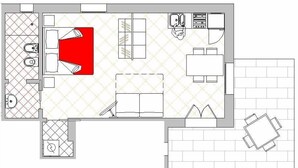 A floor plan of a hotel room with a kitchenette, a dining area, a living room, and a bathroom. - Studio apartment "Zone" (Lombardia)