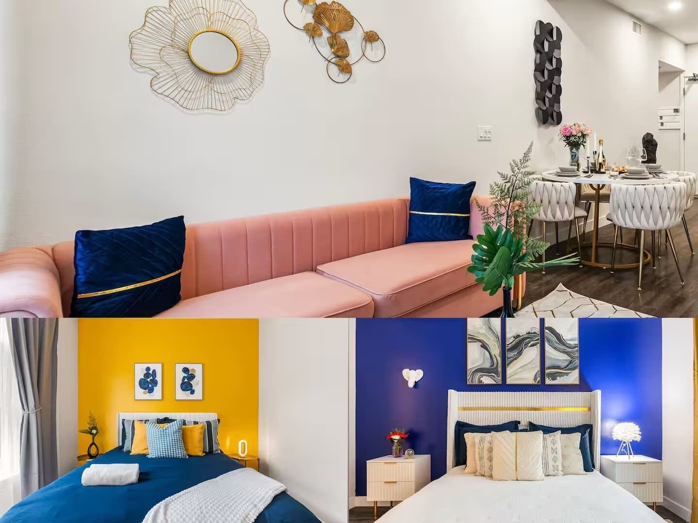 A hotel room with a pink sofa, a bed with blue bedding, a yellow accent wall, and a blue accent wall with a heart-shaped light fixture.