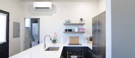 Fridge, microwave, coffee/tea maker, toaster