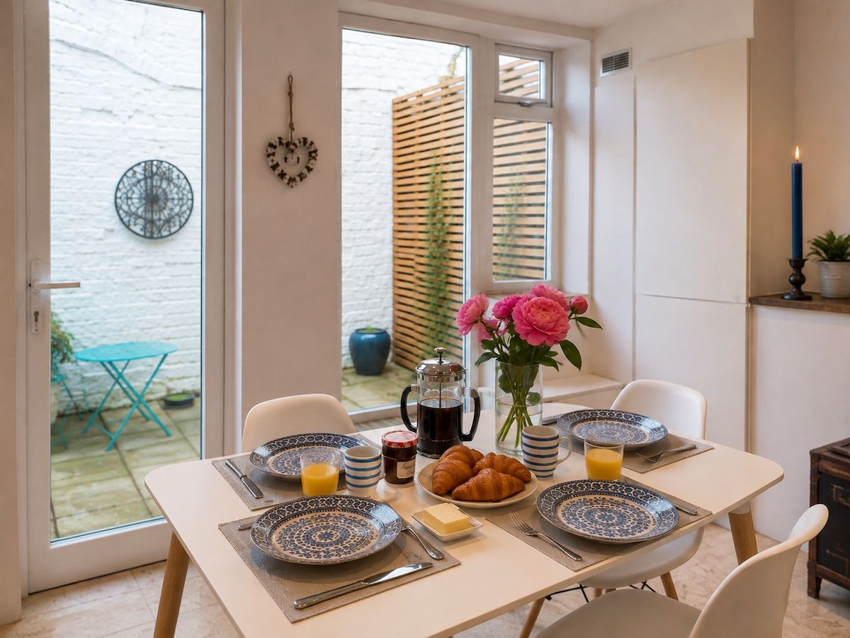 A breakfast table set with plates, croissants, and a coffee pot.