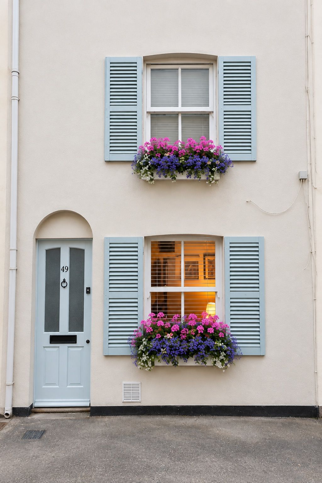 A building with a light blue door marked with the number 49, two windows with blue shutters, and flower boxes with purple and pink flowers.