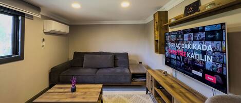 A living room with a grey sofa, a wooden coffee table, and a TV mounted on the wall displaying various streaming services.