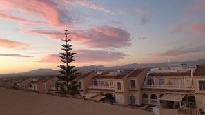 Un quartier résidentiel avec des maisons à étages, un arbre remarquable et un ciel au coucher du soleil.