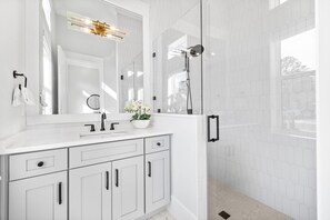 Shower, hair dryer, towels