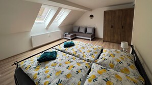 Een slaapkamer met een hoogslaper, een sofa, een kledingkast en dakramen.