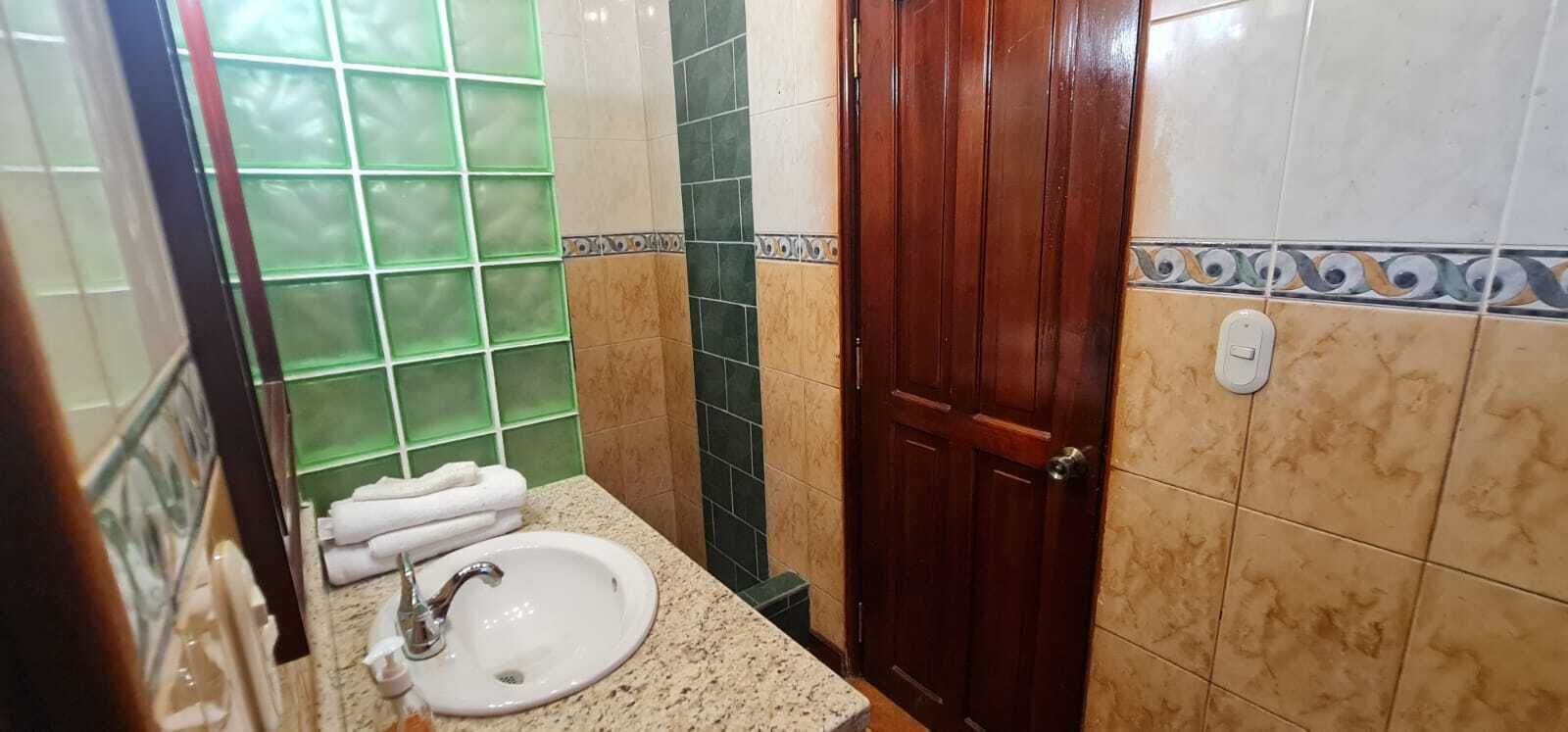 A bathroom with a sink, green and beige tiles, a wooden door, and a towel rack with towels.