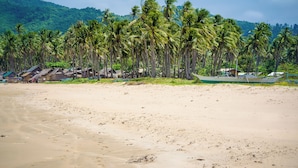 Una playa con palmeras y una hilera de cabañas.