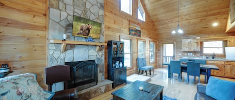 Cabin, Multiple Beds, Hot Tub, Mountain View (Mountain Haven in The Woods) | Living area | 42-inch flat-screen TV with digital channels, fireplace
