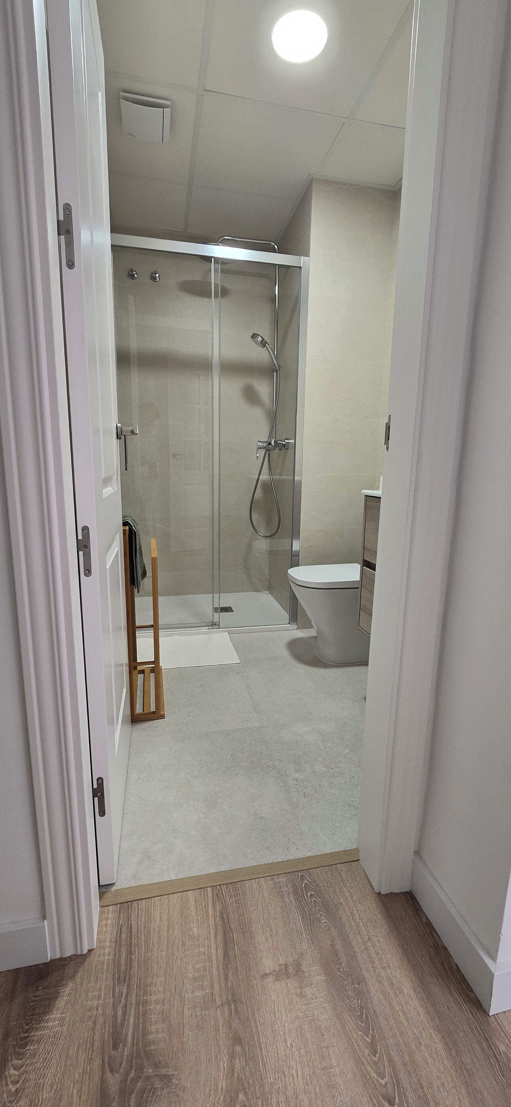 A modern bathroom with a glass shower enclosure, a toilet, and a wooden ladder.