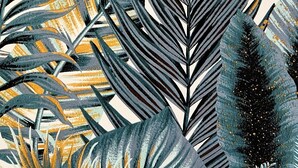Un'illustrazione dettagliata di foglie tropicali, con particolare attenzione alla loro struttura e ai loro disegni.