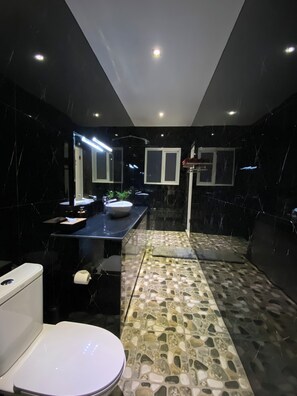 Ducha, secador de pelo, toallas y jabón