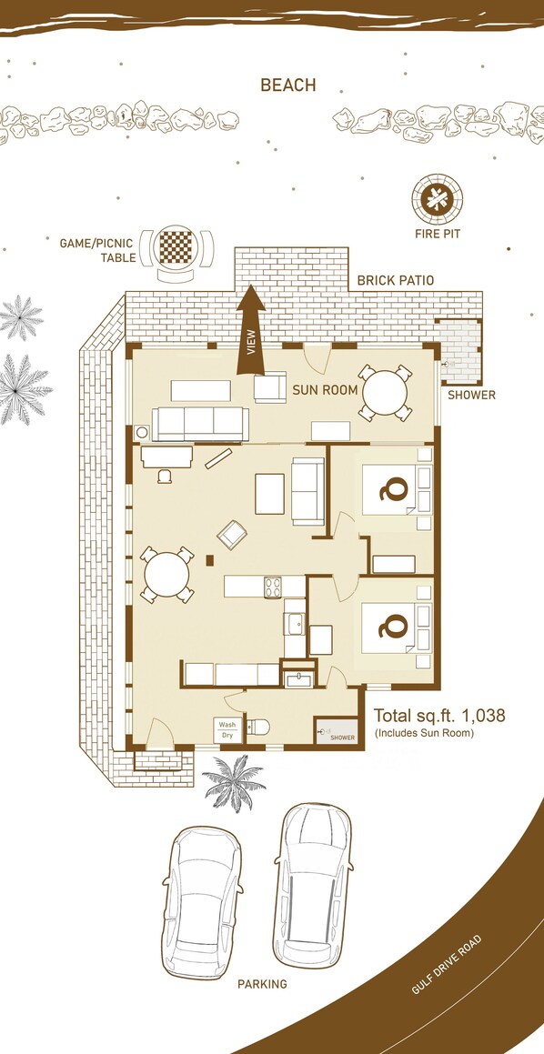 Plano de planta de una casa de playa con un área total de 97 metros cuadrados, que incluye un solarium. Cuenta con una mesa de juegos/para picnic, un patio de ladrillo, un pozo de fuego, una ducha y espacio para estacionar.