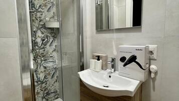 Shower, hair dryer, bidet, towels