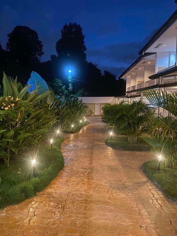 Un chemin pavé mène à un bâtiment moderne à la façade en verre, entouré d’une végétation luxuriante et illuminé par des projecteurs au sol.