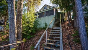 A wooden staircase leading to a house surrounded by trees.