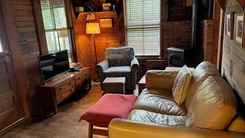 Älytelevisio, takka, DVD-soitin, kirjoja