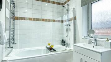 Hair dryer, bidet, towels, soap