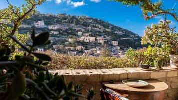 A terrace with a view of a hillside town, stone walls, and potted plants.