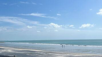 Plage à proximité, chaises longues, serviettes de plage