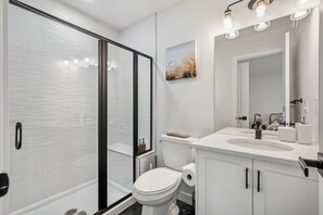 Hair dryer, towels, soap, shampoo