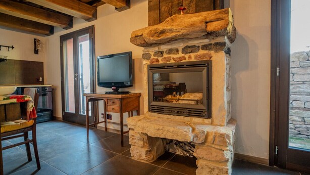 Un salon chaleureux avec une cheminée en pierre, un téléviseur posé sur un meuble en bois, et un coin cuisine équipé d’une cuisinière et d’une chaise.