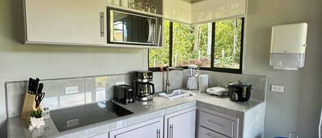 Fridge, microwave, stovetop, coffee/tea maker