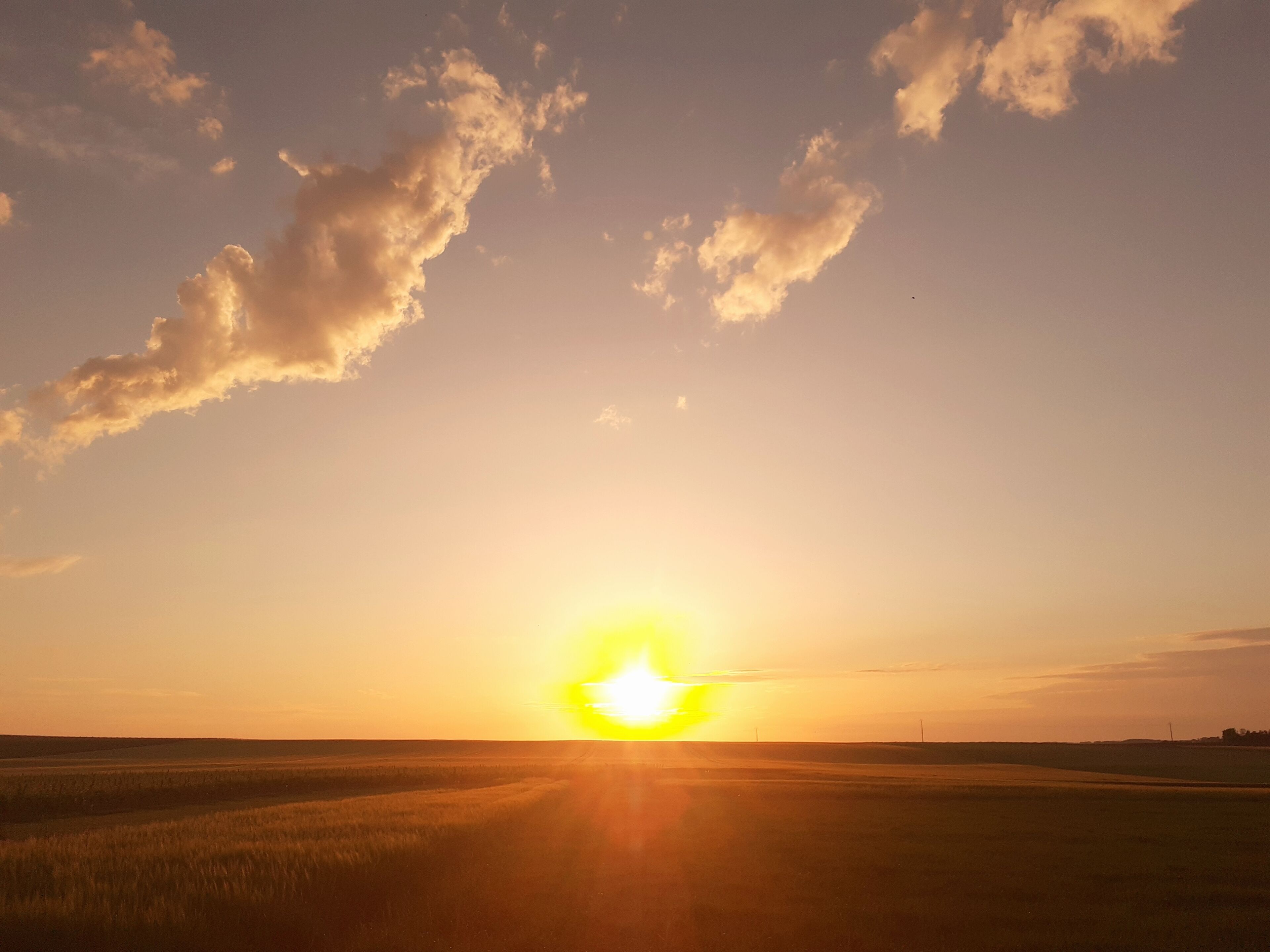 Een zonsondergang boven een vlak landschap met een heldere lucht.