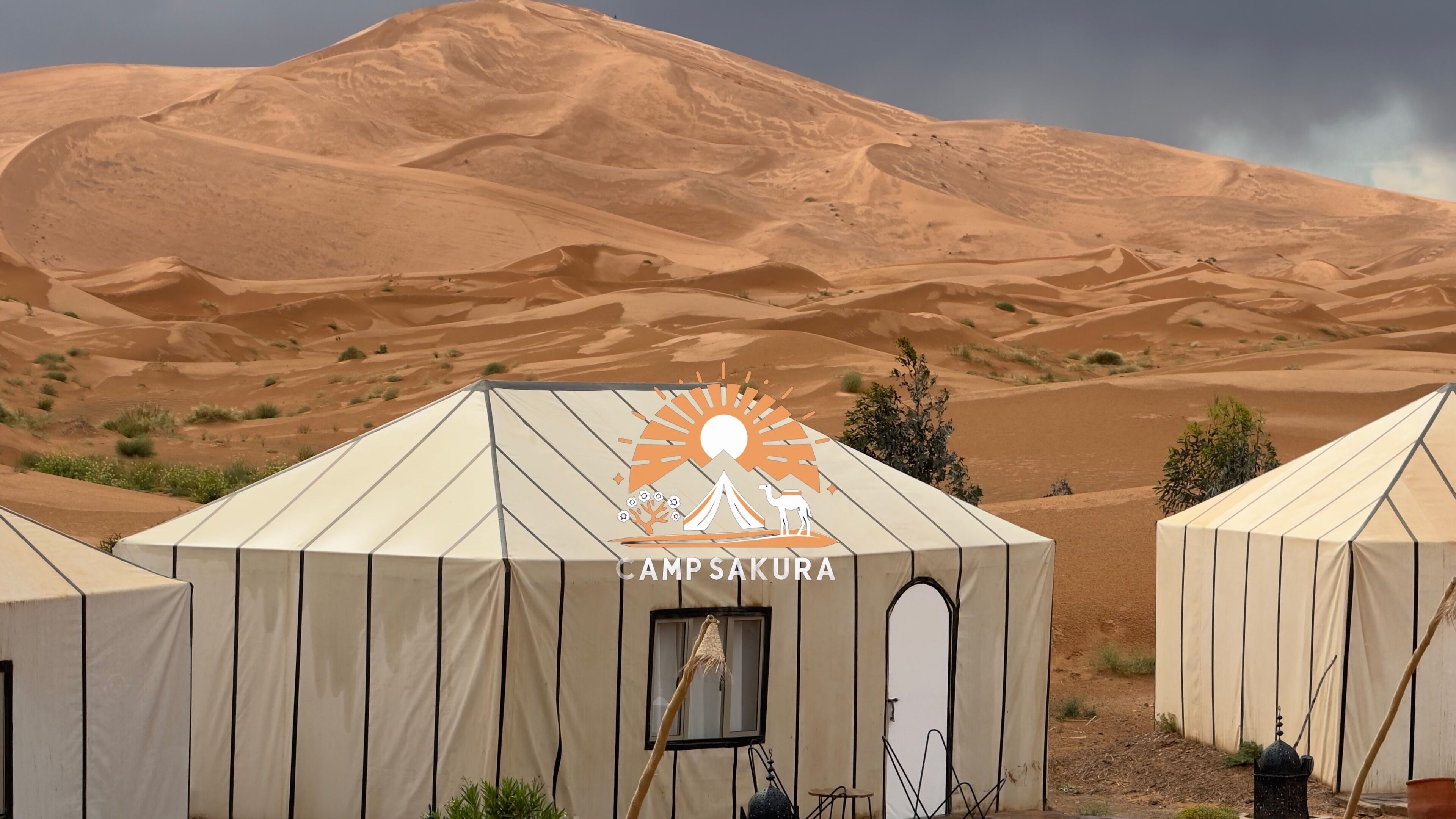 A desert camp with tents labeled "CAMP SAKURA," featuring a central tent with a window and a door, surrounded by sand dunes.