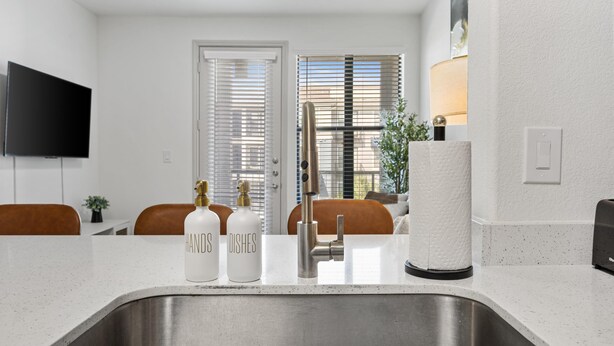 A modern kitchen with a stainless steel sink, white countertops, and two bottles labeled "HANDS" and "DISHES".