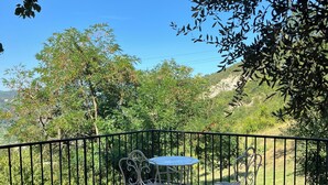 Une terrasse avec une table et deux chaises, entourée d’une clôture en métal noir, donnant sur un paysage verdoyant avec des arbres et des collines.
