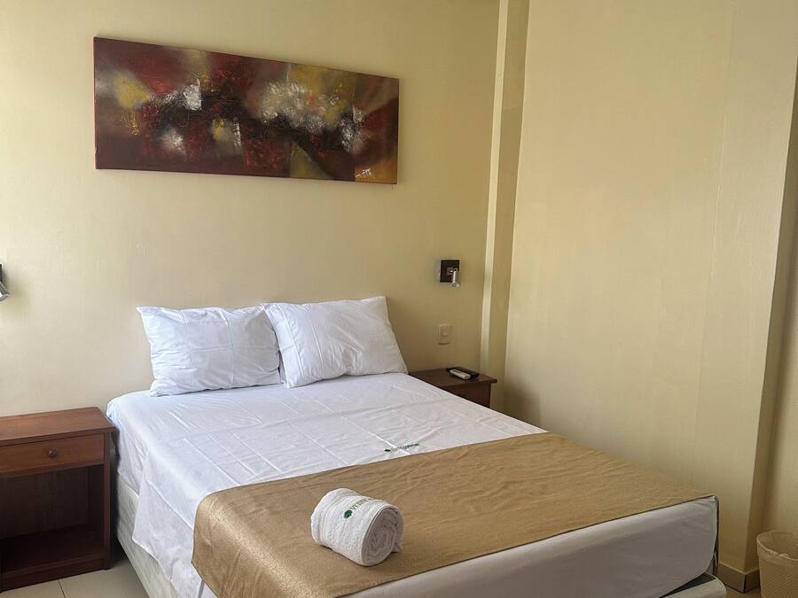 Habitación de hotel con cama, mesita de noche, un cuadro en la pared y una toalla sobre la cama.