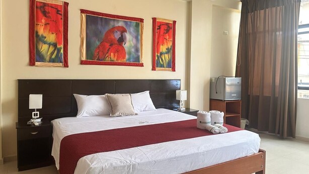 A hotel room with a bed, a nightstand, a TV, and artwork on the wall. - DORAL INN HOTEL (Iquitos)