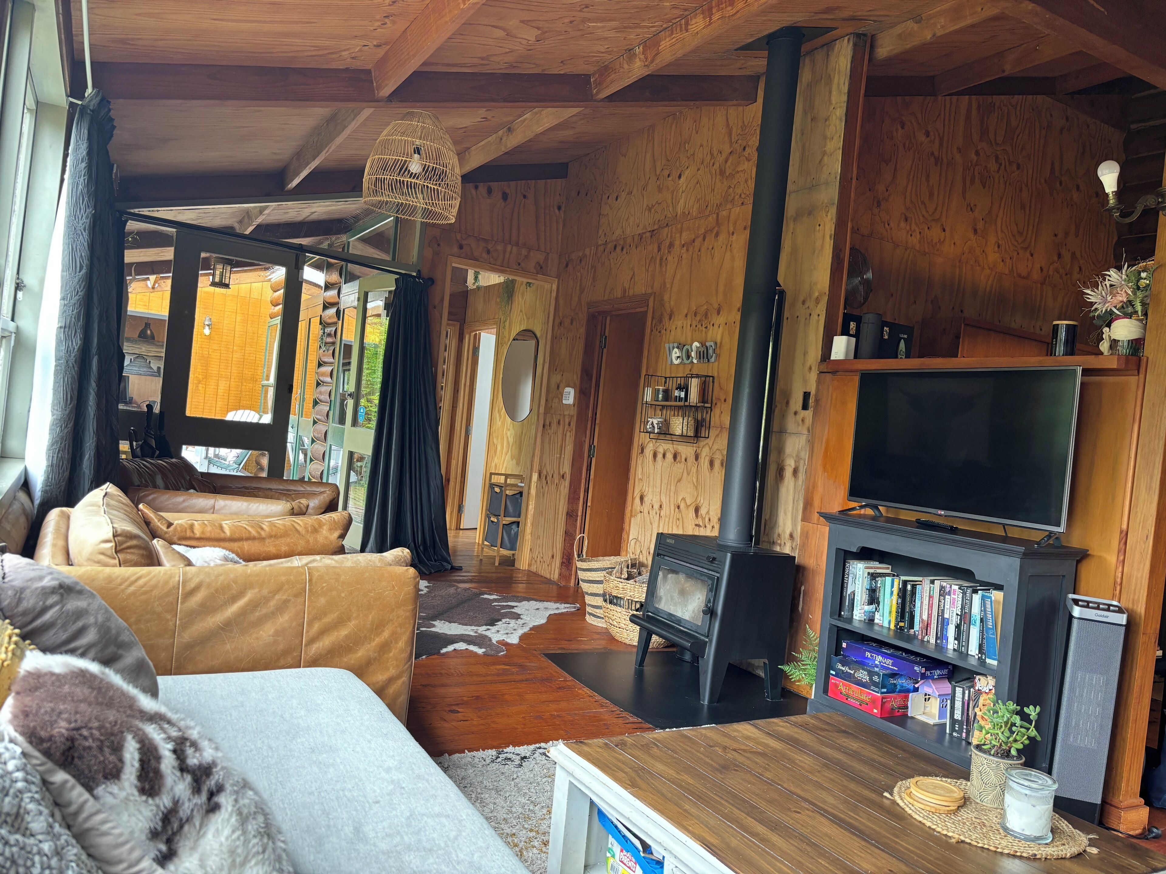 Smart TV, fireplace, books