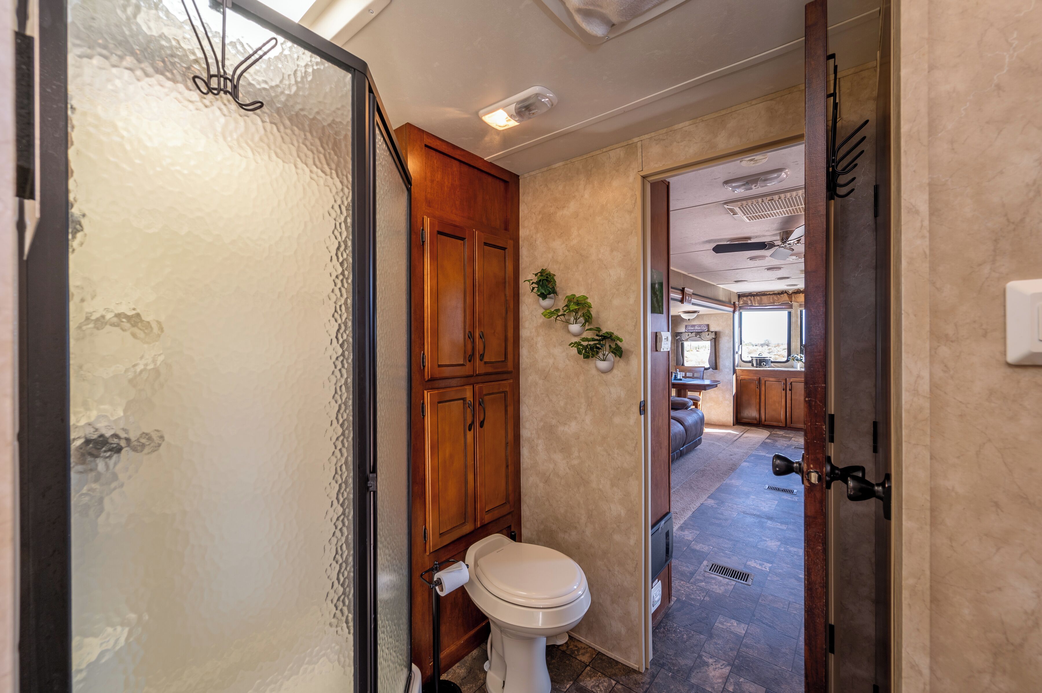 A compact bathroom with a toilet, wooden cabinets, and a small potted plant.