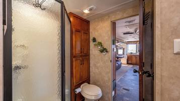 A compact bathroom with a toilet, wooden cabinets, and a small potted plant.