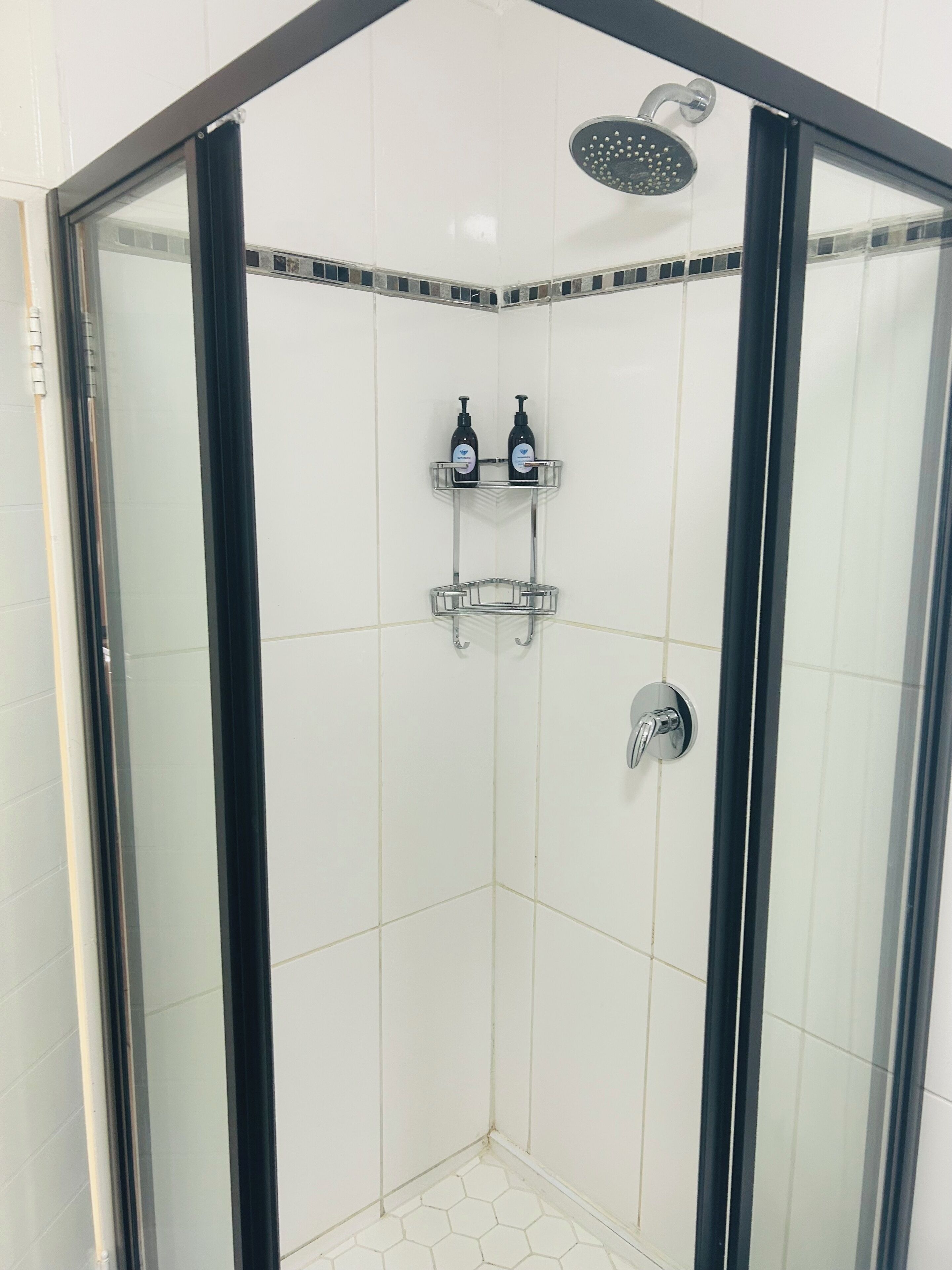 Dusche, Haartrockner, Handtücher, Seife