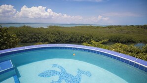 A swimming pool with a mosaic design, surrounded by lush greenery and a view of the sea. - Waterfront tranquility: 3 Iguanas Villa- 1st floor Hibiscus Suite w rooftop pool (Placencia)