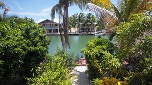 A tropical resort with a water body, lush greenery, and a pathway leading to a building with a blue roof. - Waterfront tranquility: 3 Iguanas Villa- 1st floor Hibiscus Suite w rooftop pool (Placencia)