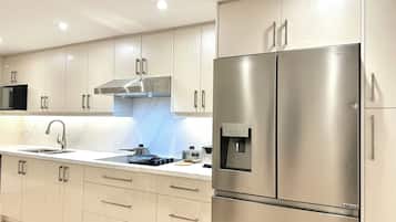 Microwave, stovetop, dishwasher, cookware/dishes/utensils