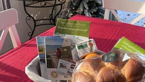 A dining table with a red tablecloth, a basket of bread, brochures, and a Christmas tree with lights. - Gîtes de France® - Le Gîte des 2 Falaises (EU)