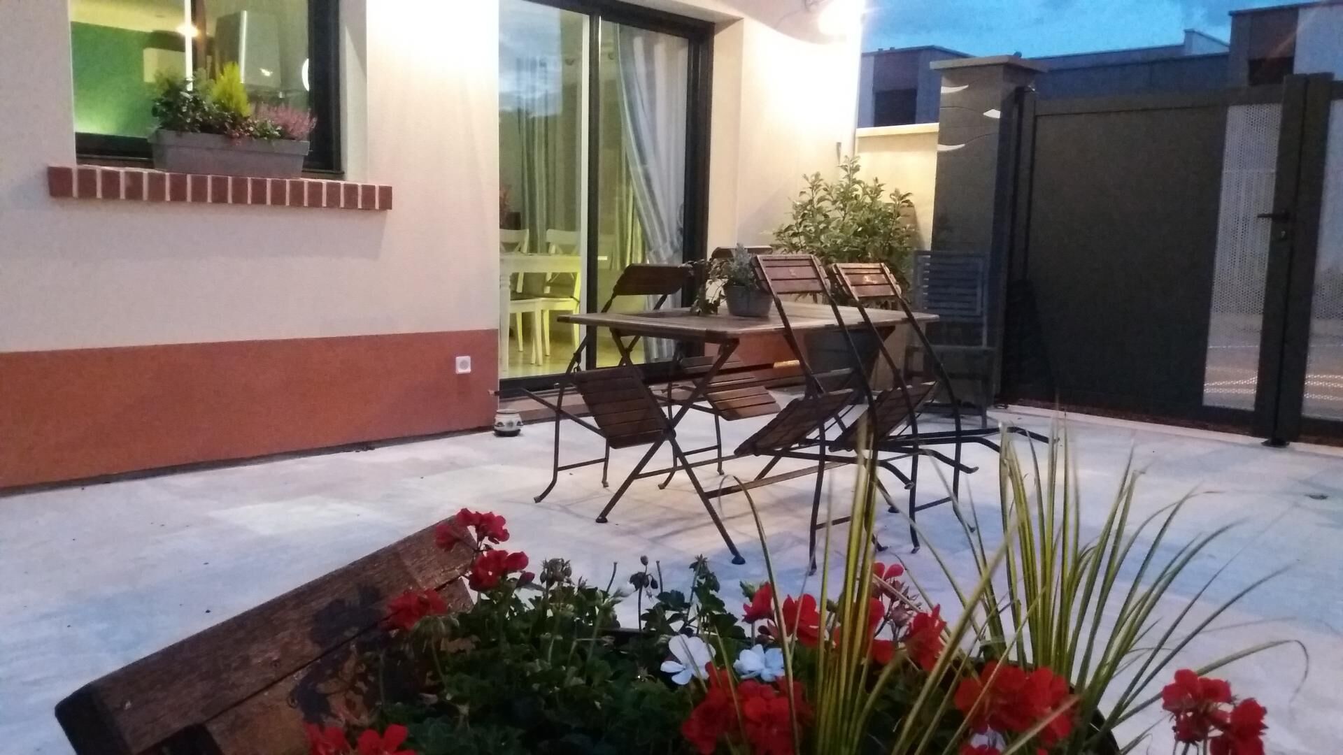 An outdoor patio with a table and chairs, a small garden area with red flowers, and a glass door leading to a room.