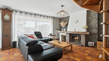 Televisión, chimenea y reproductor de DVD