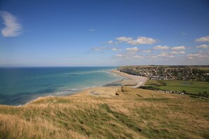 A coastal town with a beach, grassy hills, and a clear blue sky.