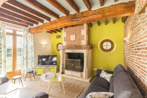 Télévision, cheminée, lecteur de DVD, table de tennis de table