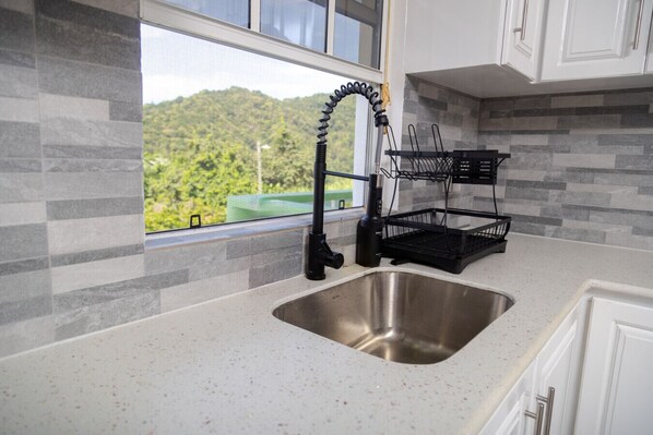 Fridge, microwave, oven, stovetop